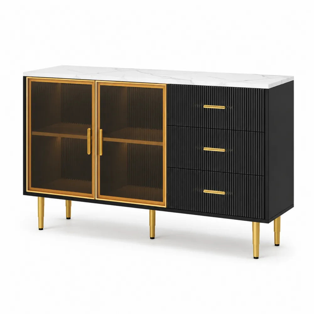 Sideboard aus MDF mit Marmoreffektplatte und geh?rtetem Glas in Schwarz/Gold