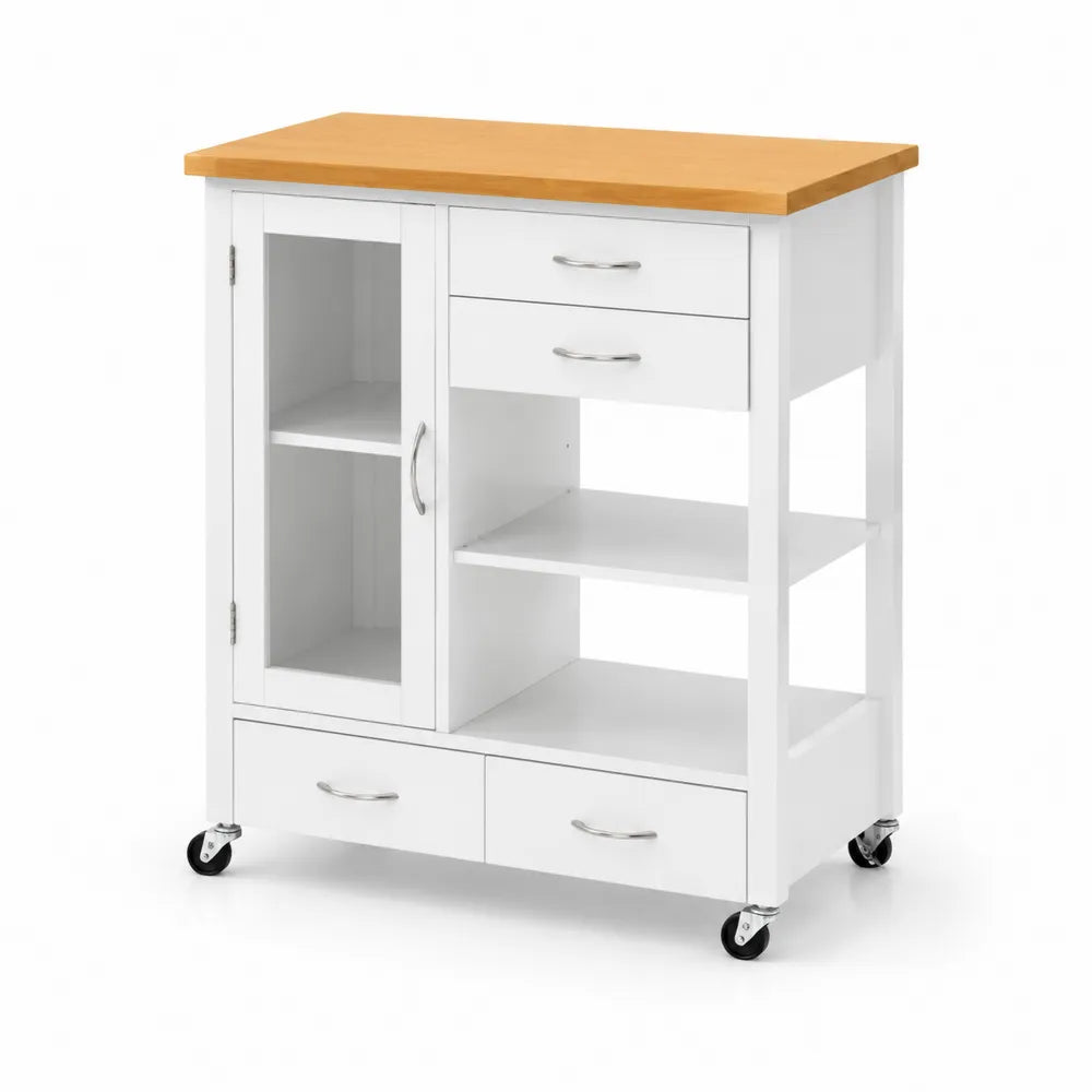 K¨¹chenwagen aus MDF mit Glas, Schubladen und Rollen in Wei?/Buche