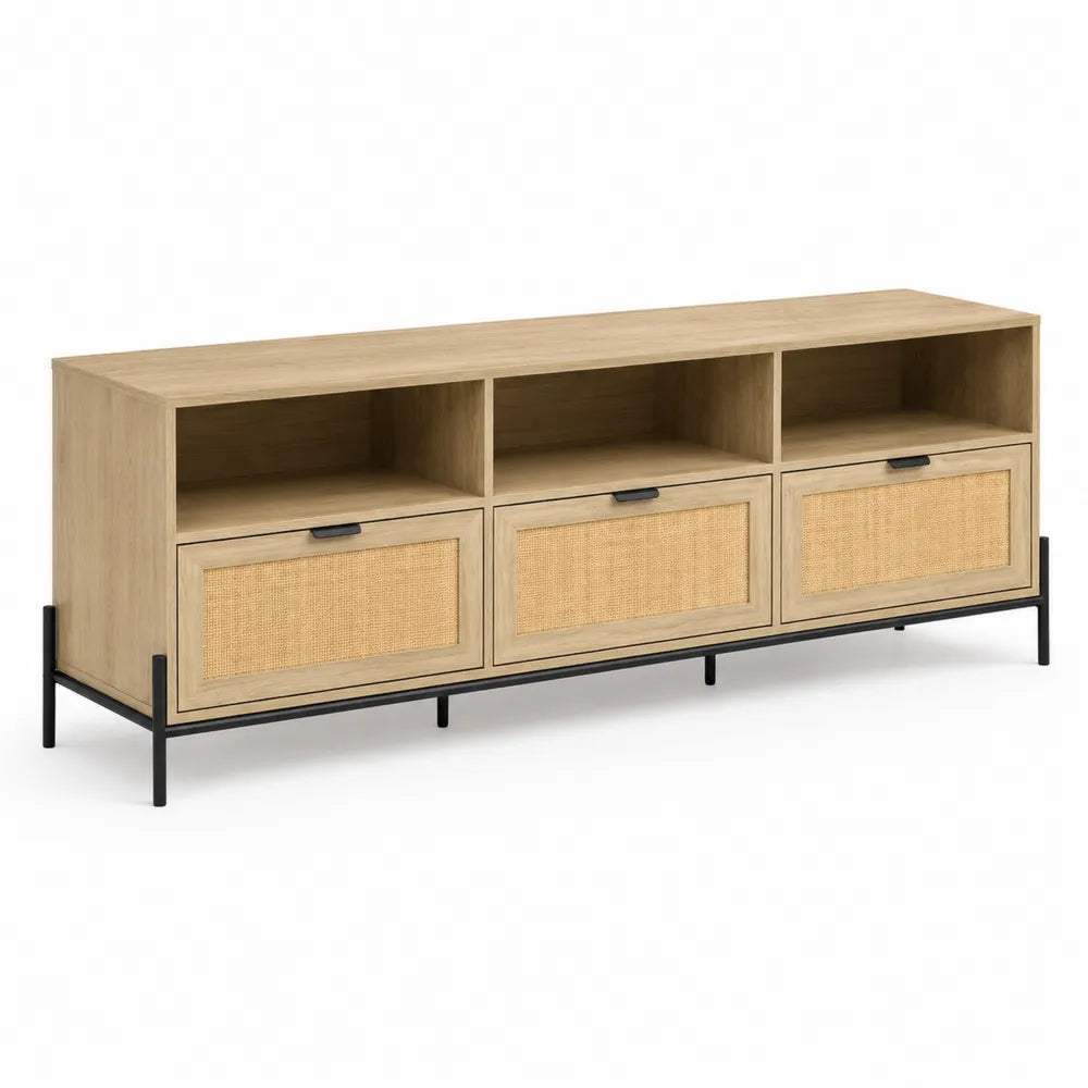 TV Lowboard Holzwerkstoff mit Wiener Geflecht und Metallrahmen 150x40x50cm