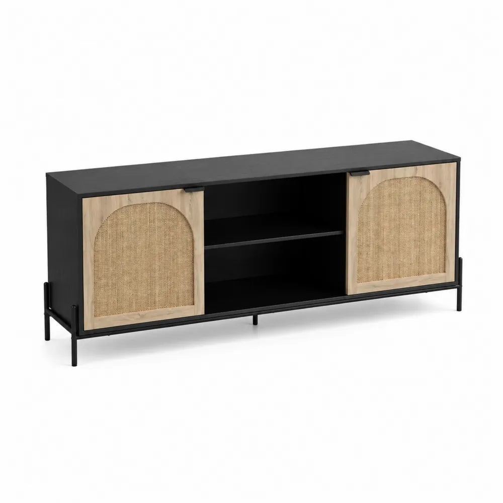 TV-Bank Holz Rattan Schwarz 150x40x55cm