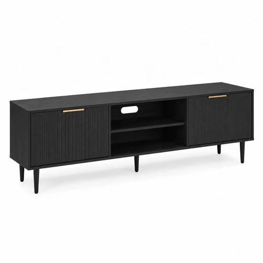 Schwarzes TV-M?bel aus Holzwerkstoff mit Regalen und T¨¹ren 180x40x50 cm