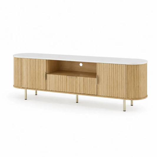 TV-Lowboard mit Schublade und T¨¹ren aus Eichenfurnier Wei? 180x40x50cm