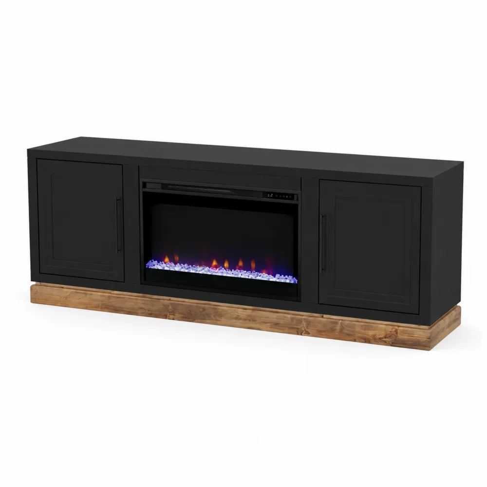 Schwarzer TV-Schrank mit elektrischem Kamin aus MDF und Massivholz