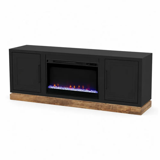 Schwarzer TV-Schrank mit elektrischem Kamin aus MDF und Massivholz