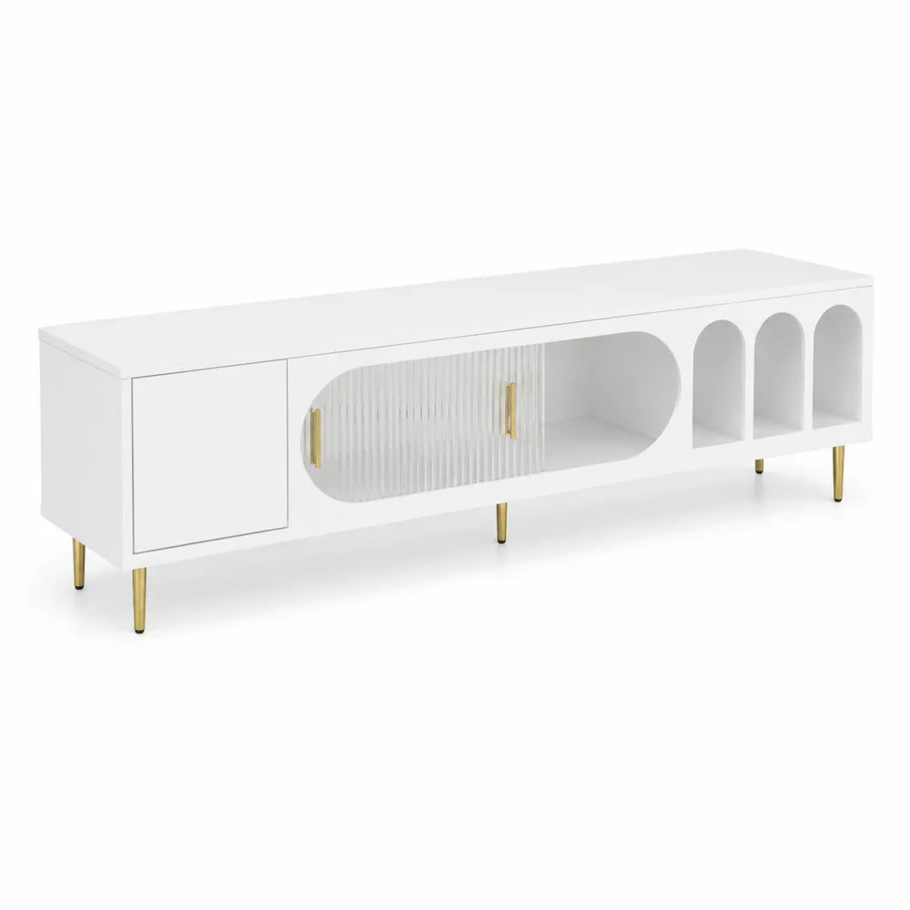 Wei?es TV-Lowboard mit Glasfront und Metallf¨¹?en