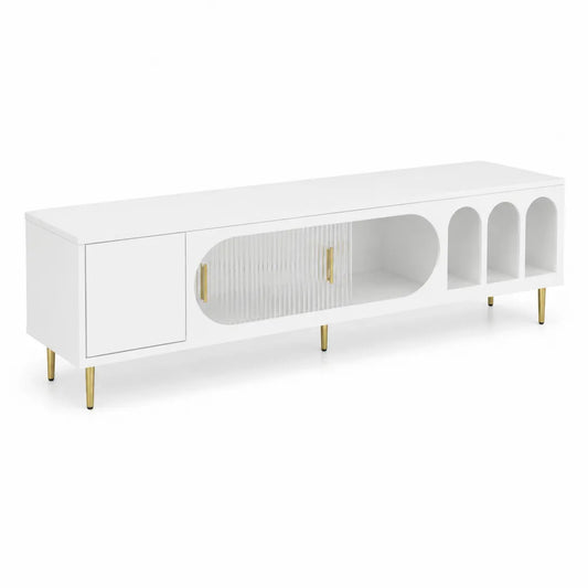Wei?es TV-Lowboard mit Glasfront und Metallf¨¹?en