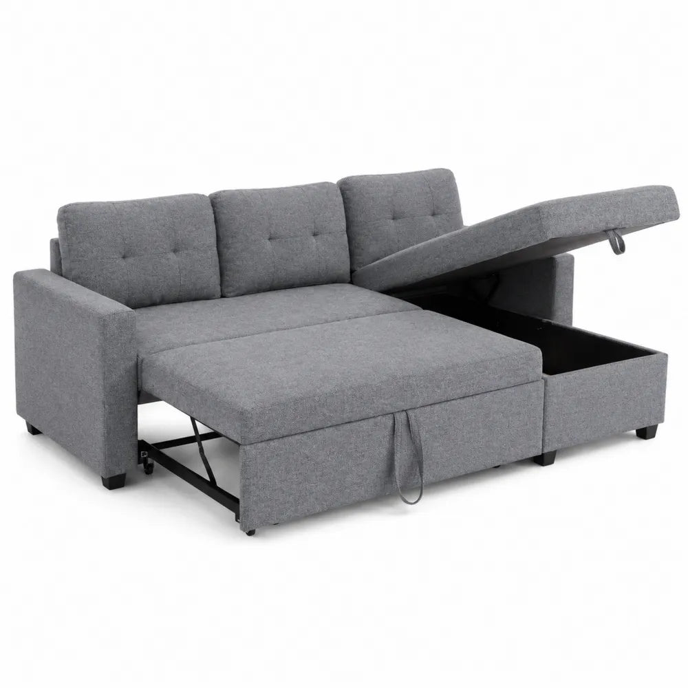 Eck-Schlafsofa mit Stauraum und Polyesterbezug in Grau