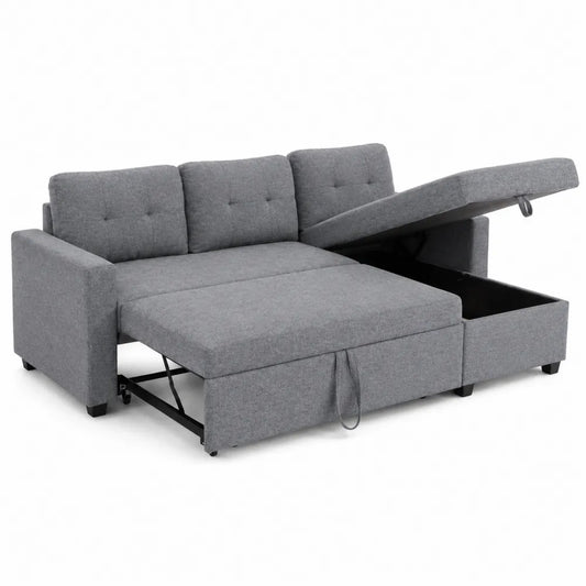 Eck-Schlafsofa mit Stauraum und Polyesterbezug in Grau