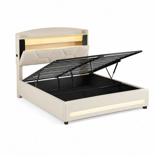 Polsterbett mit Stauraum und LED-Beleuchtung aus PU-Leder Beige 200x160 cm